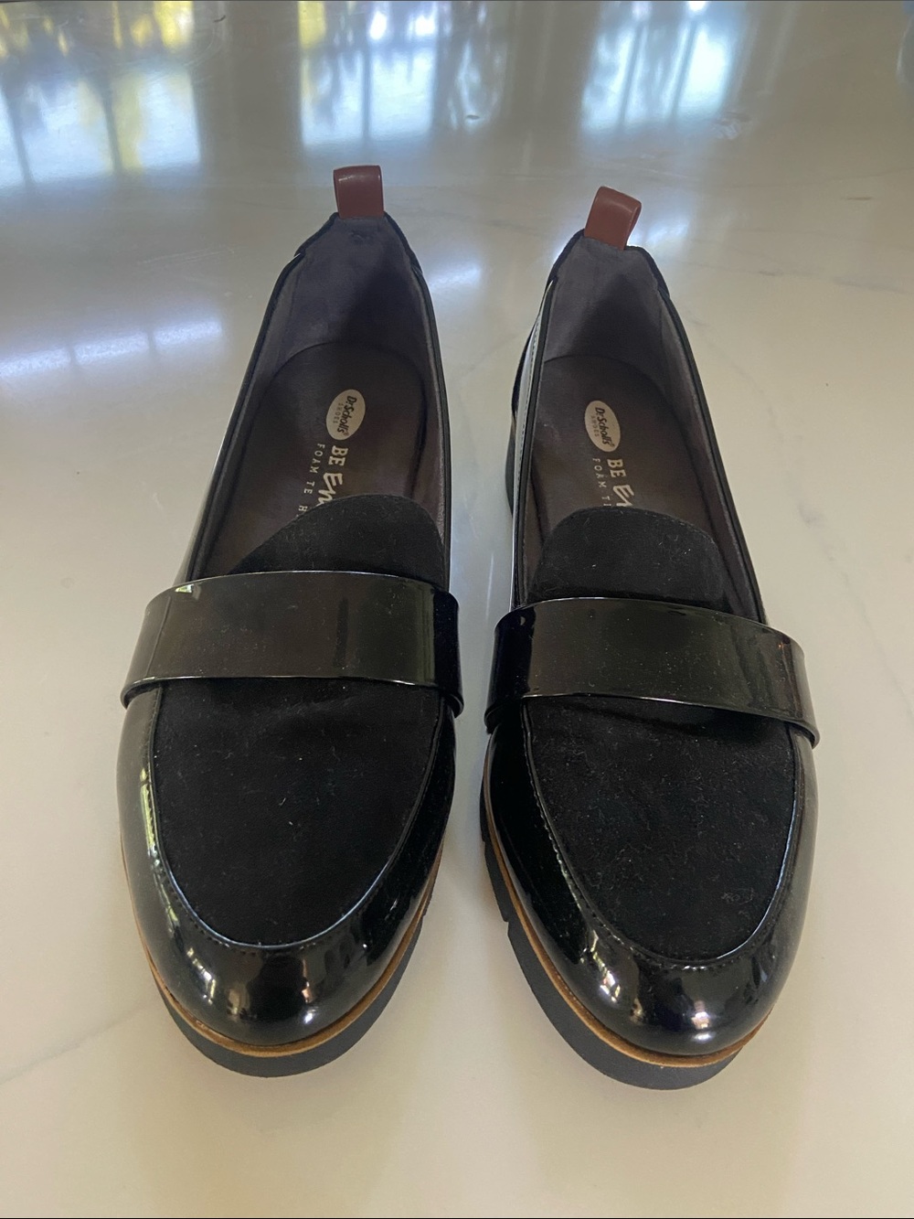 Naturalizer / dr scholls Black Patent & Suede Loafers with Tan Pull Tab